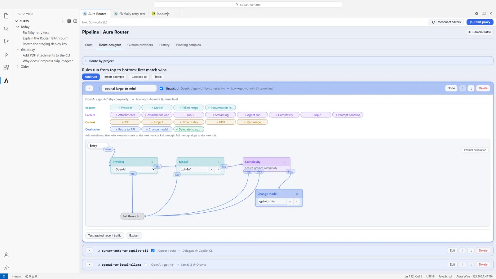 Aura Wire Aura Router route designer in VS Code with a rule sending low-complexity gpt-4o requests to gpt-4o-mini