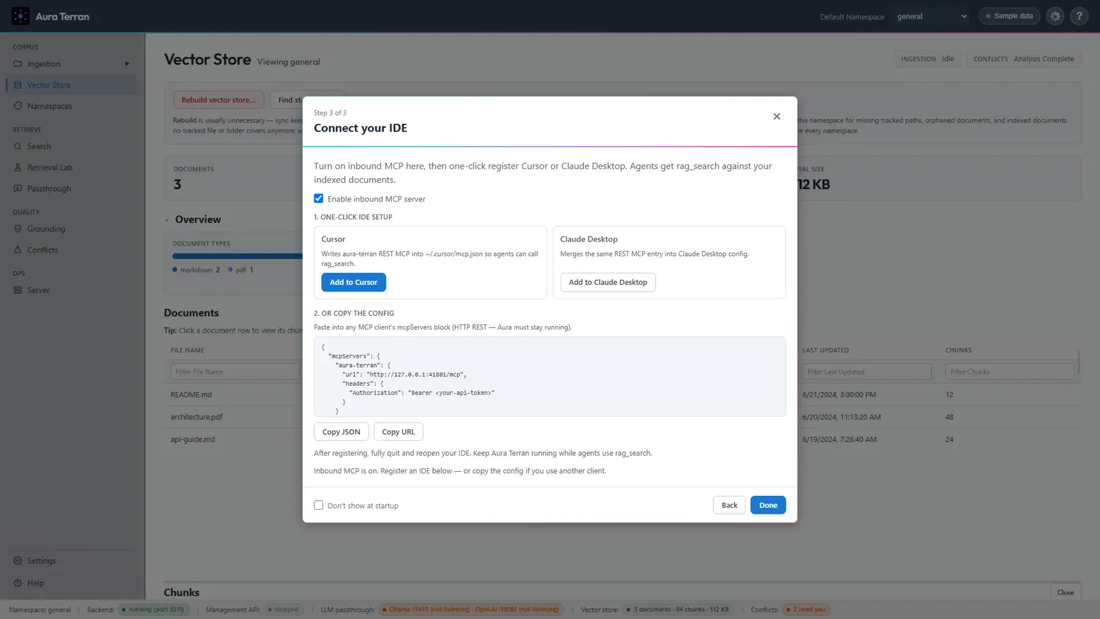 Aura Terran startup wizard Connect your IDE step with inbound MCP and Cursor setup